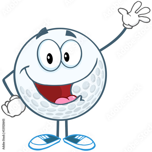 Happy Golf Ball Cartoon Character Waving For Greeting