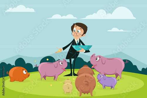 Businessman pouring coin into different Piggybank