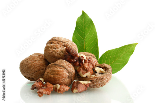 walnuts with green leaves  isolated on white