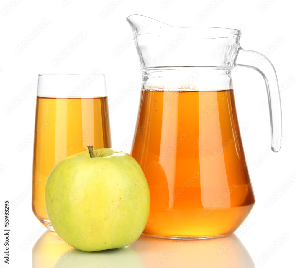 Full glass and jug of apple juice and apple isolted on white Full glass and jug of apple juice and apple isolted on white