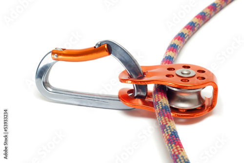 Carabiner with pulley on the rope