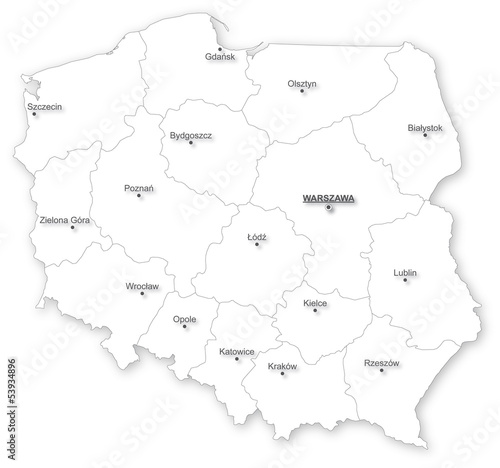 Vector map of Poland with voivodeships and main cities on white. All elements are separated in editable layers clearly labeled.
