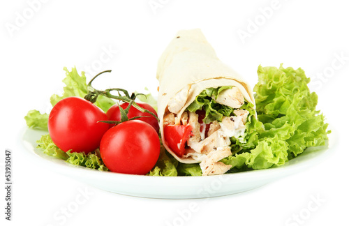 Kebab - grilled meat and vegetables, on plate, isolated on