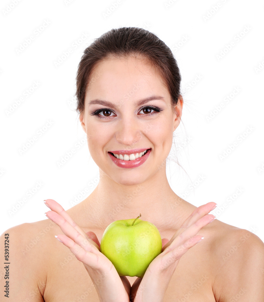 Smiling woman with apple isolated on white Smiling woman with apple isolated on white