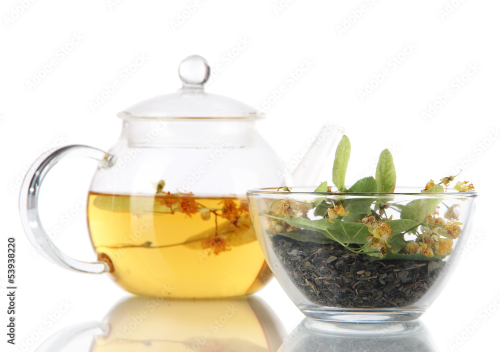 Kettle and bowl of tea with linden Kettle and bowl of tea with linden