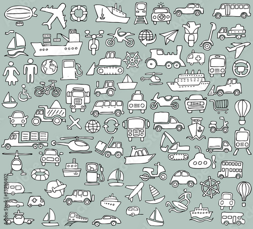Big doodled transportation icons collection in black-and-white