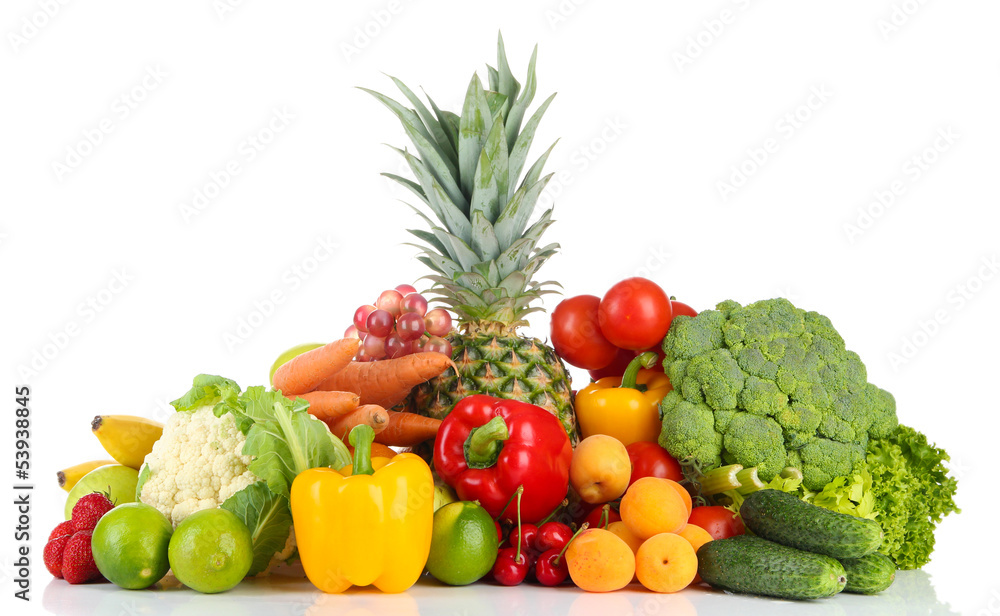Assortment of fresh fruits and vegetables, isolated on white Assortment of fresh fruits and vegetables, isolated on white