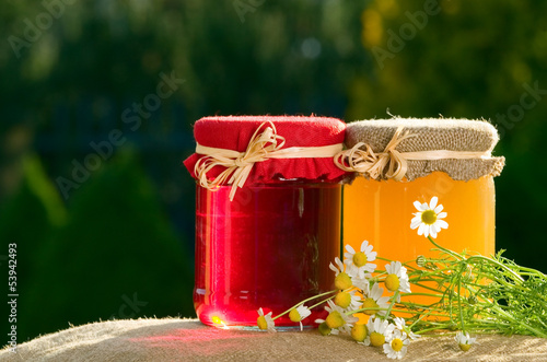 Obraz na płótnie Jam and honey on green background w salonie