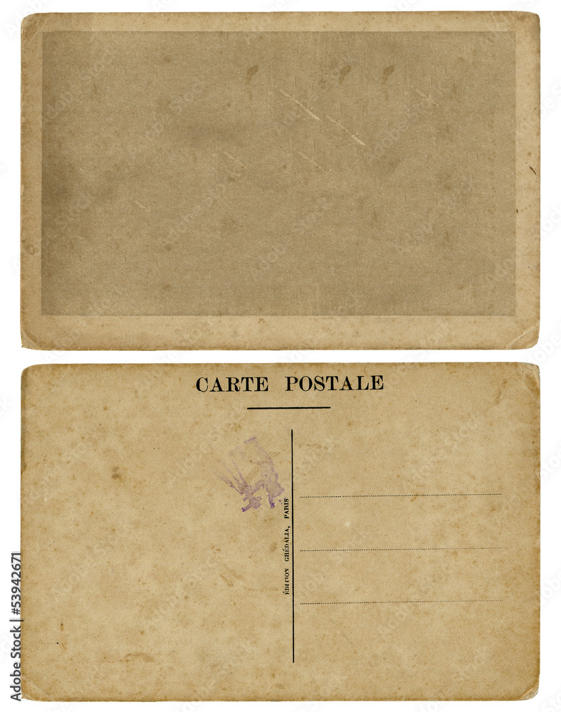 Blank French postcard, both sides. Isolated with clipping path