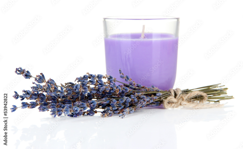 Fototapeta premium Lavender candle with fresh lavender, isolated on white