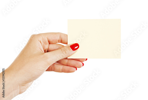 Quadro em tela Female hand with red nails holding a blank card