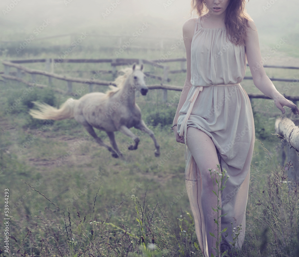 Delicate brunette posing with horse in the background - obrazy, fototapety, plakaty 