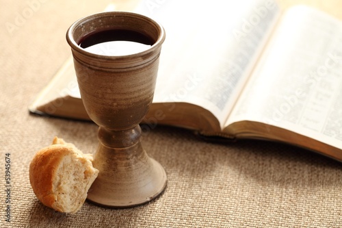 Communion still life - wine, bread and Bible