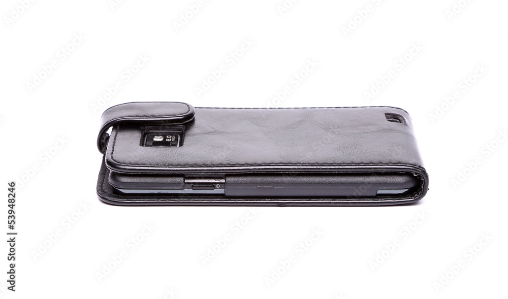 Smartphone in leather case Smartphone in leather case