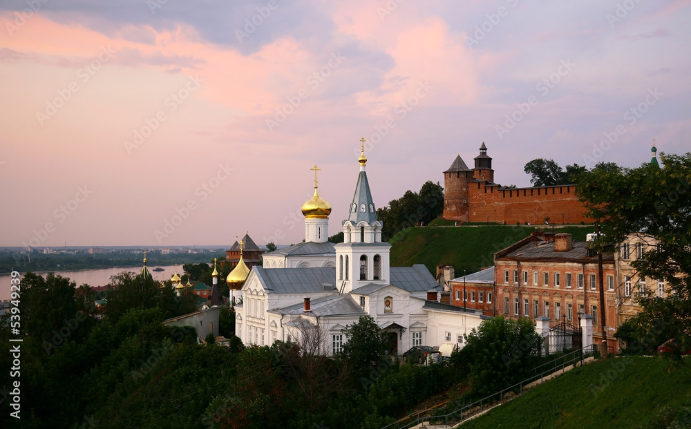 Evening view Church Elijah Prophet and Kremlin Nizhny Novgorod