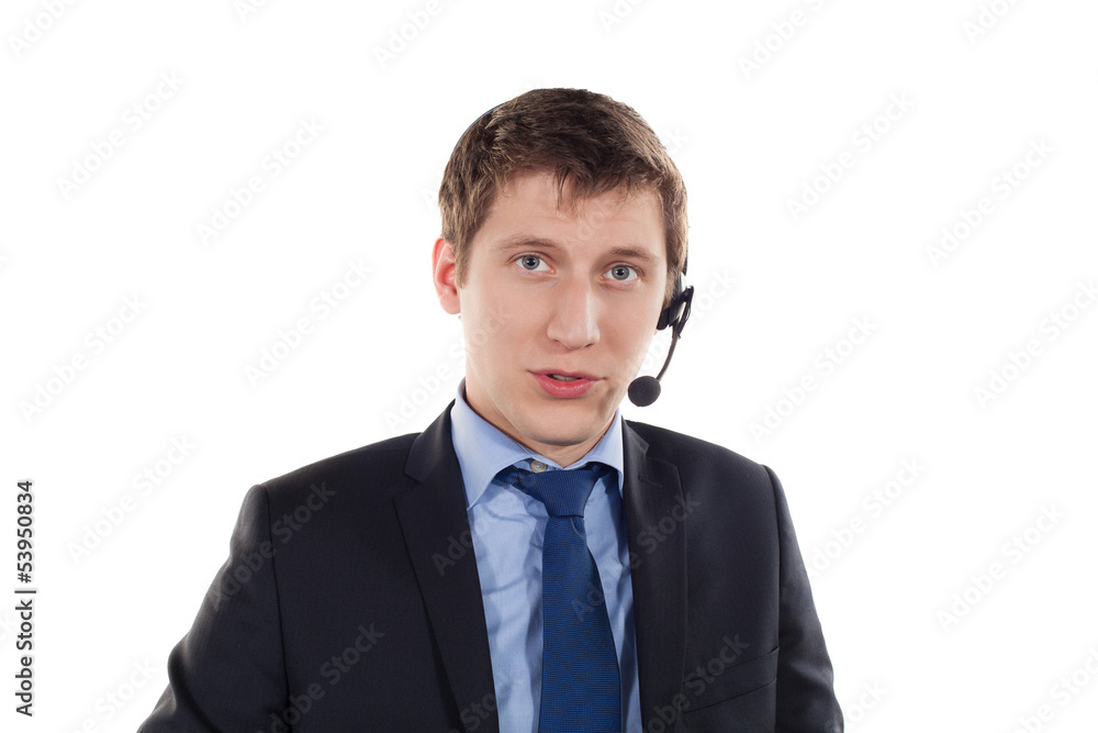 Man with telephone headset on her head Man with telephone headset on her head