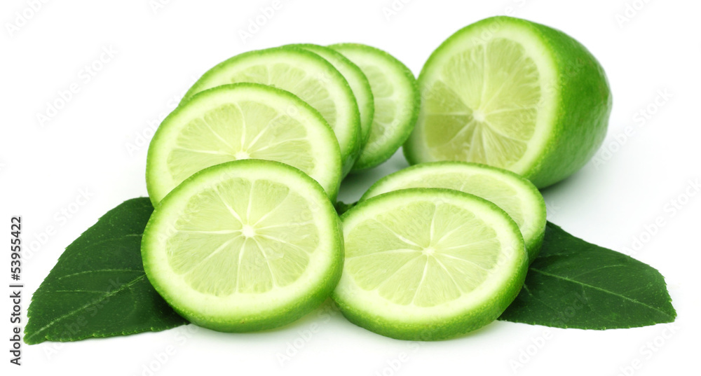 Sliced Lemon with green leaves