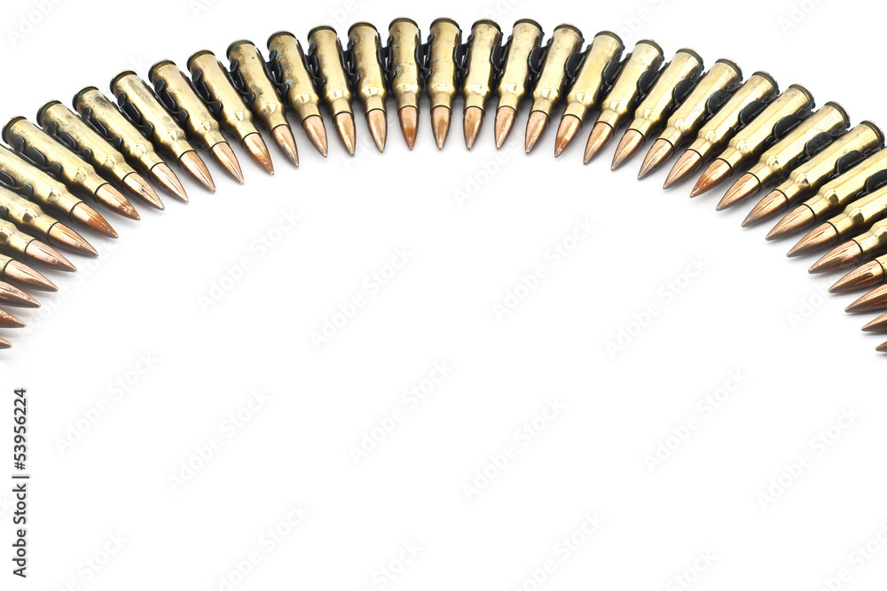 Cartridge 7.62 mm caliber with link, Machine gun bullet isolated Cartridge 7.62 mm caliber with link, Machine gun bullet isolated