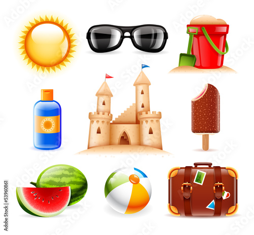 Set of nine summer and beach related vector icons