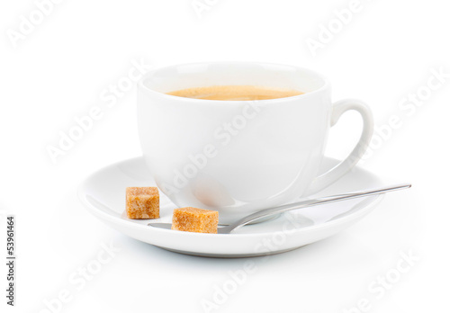 Coffee cup with lump sugar, isolated on white