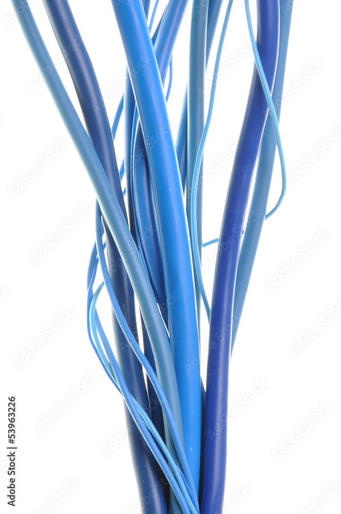 Blue electrical wires isolated on white background