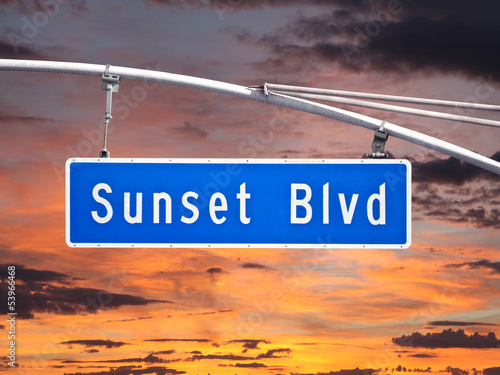 Sunset Blvd Overhead Street Sign with Dusk Sky