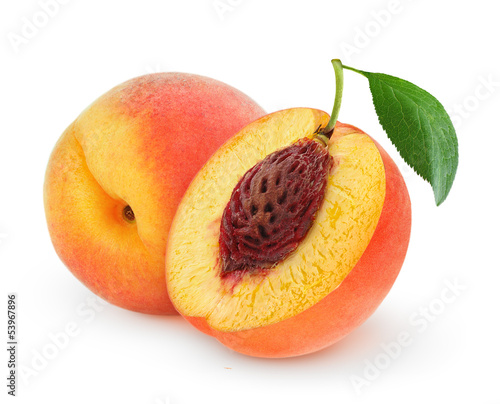 Isolated peaches. Whole fresh peach fruit with leaf and a half isolated on white background