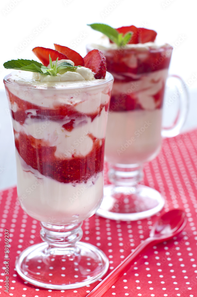 Dessert with fresh strawberries with whipped cream and mint Dessert with fresh strawberries with whipped cream and mint