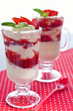Dessert with fresh strawberries with whipped cream and mint