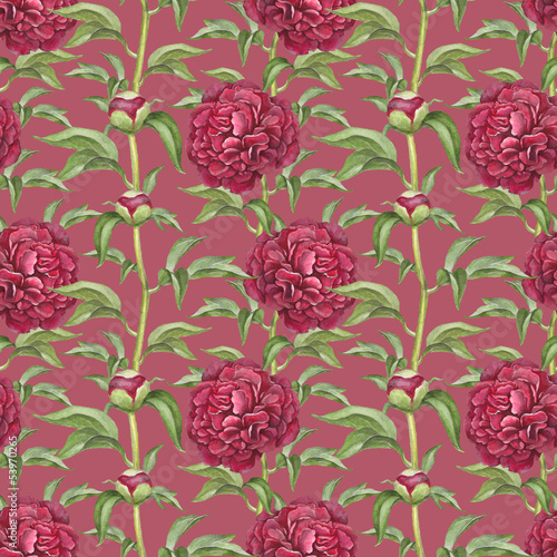 Vintage watercolor seamless pattern with illustration of peony f