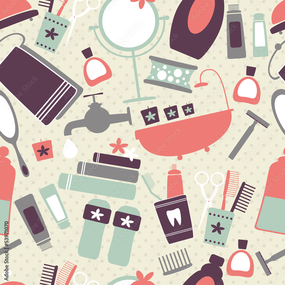 Seamless pattern with bathroom and cosmetics elements. Seamless pattern with bathroom and cosmetics elements.