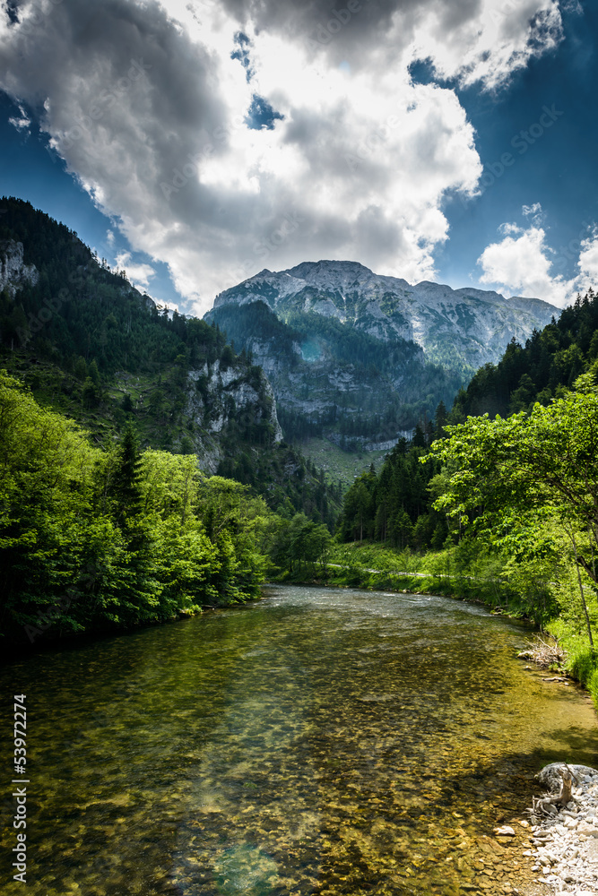 Landscape with mountains and river Salza - Styria, Austria.