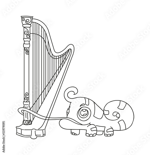 hand drawn iguana playing harp vector
