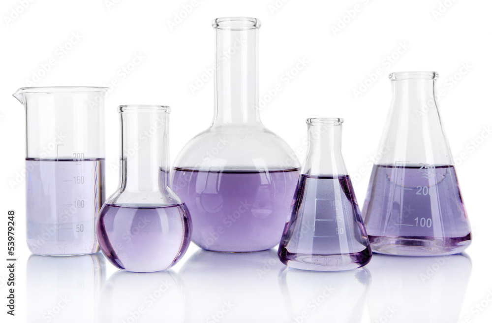 Test-tubes with light purple liquid isolated on white Test-tubes with light purple liquid isolated on white