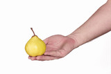 The man's hand holds yellow pear.