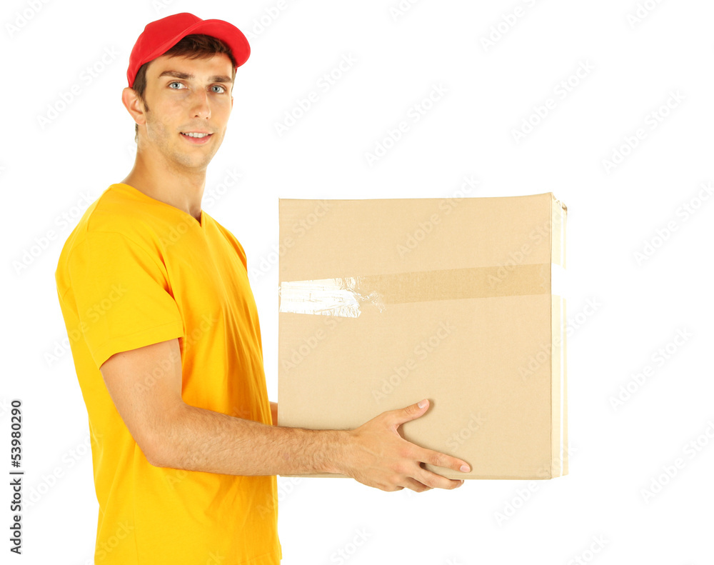 Young delivery man holding parcel, isolated on white Young delivery man holding parcel, isolated on white