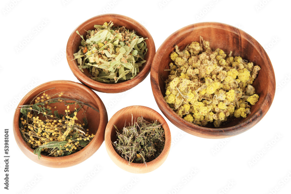 Medicinal Herbs in wooden bowls isolated on white Medicinal Herbs in wooden bowls isolated on white