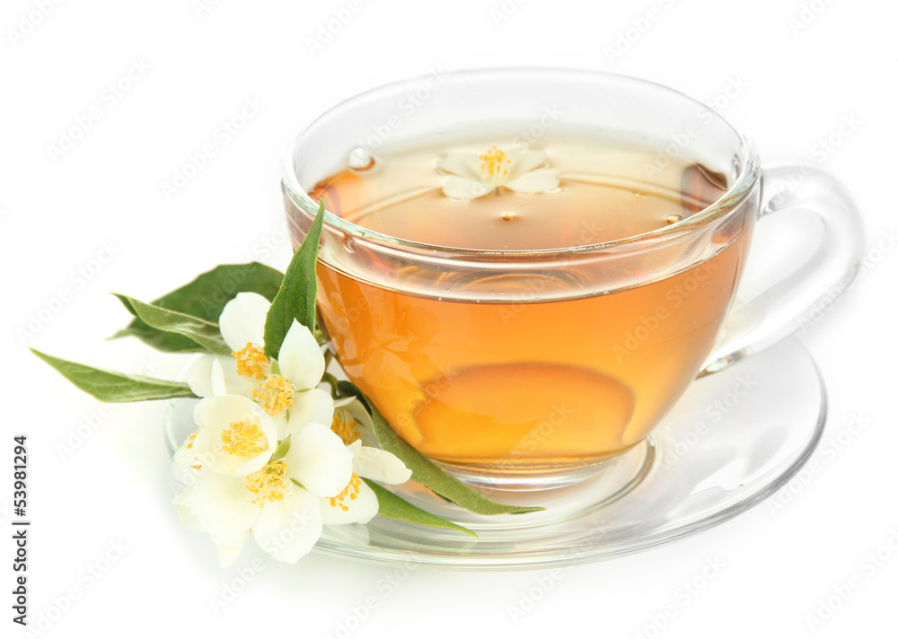 Cup of tea with jasmine, isolated on white Cup of tea with jasmine, isolated on white