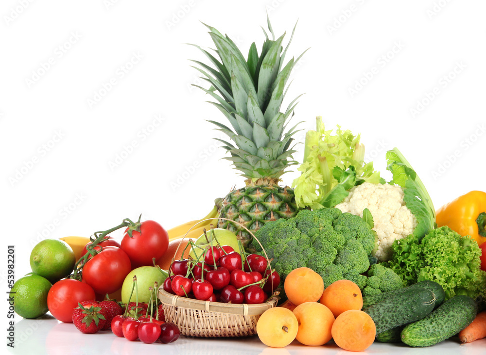 Assortment of fresh fruits and vegetables, isolated on white Assortment of fresh fruits and vegetables, isolated on white
