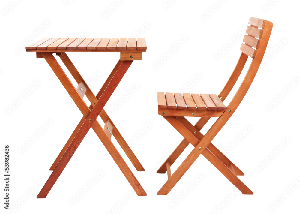 Wooden table with chair isolated on white