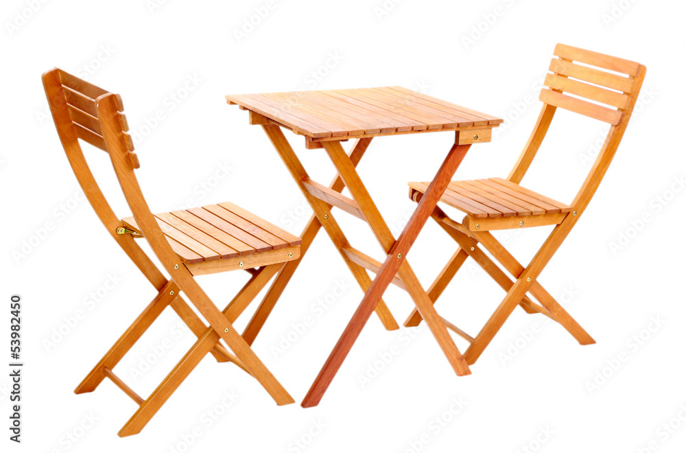 Wooden table with chairs isolated on white