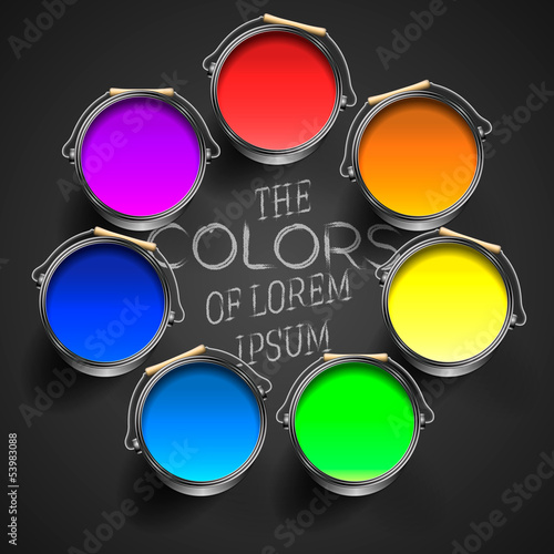 Opened paint buckets with paint, vector Eps10 image.