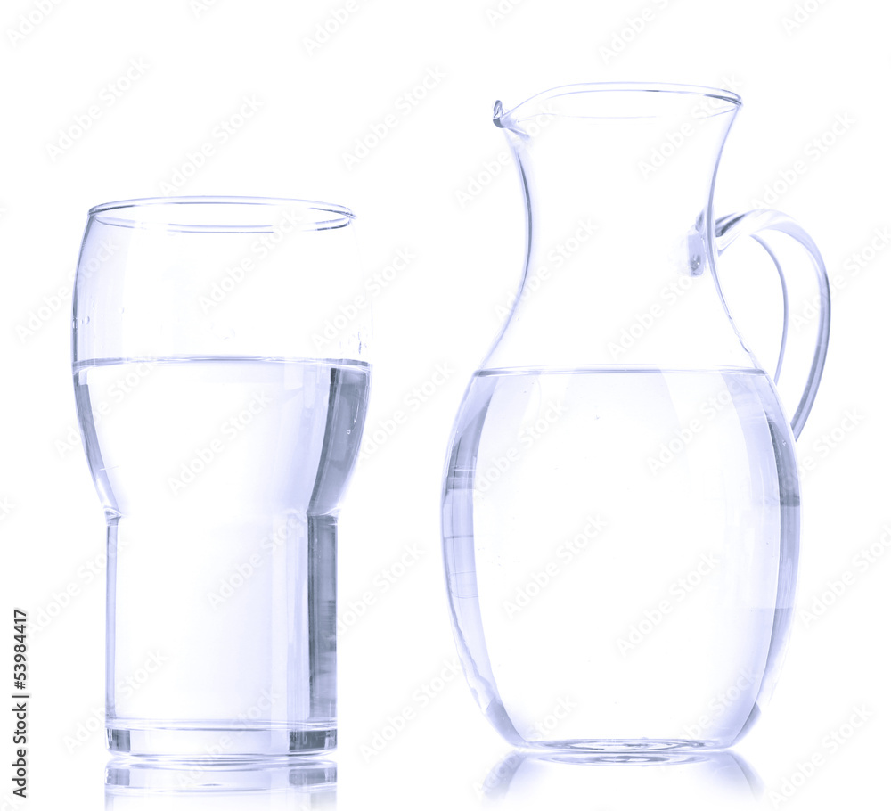 Glass pitcher of water and glass isolated on white Glass pitcher of water and glass isolated on white