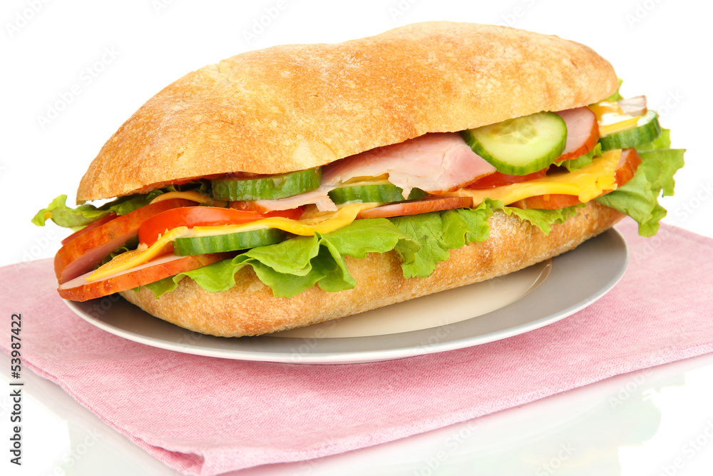 Fresh and tasty sandwich with ham and vegetables isolated Fresh and tasty sandwich with ham and vegetables isolated
