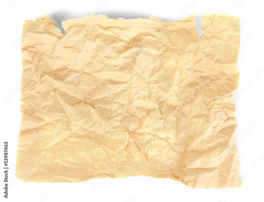 Old sheet of crumpled paper close-up isolated on white Old sheet of crumpled paper close-up isolated on white