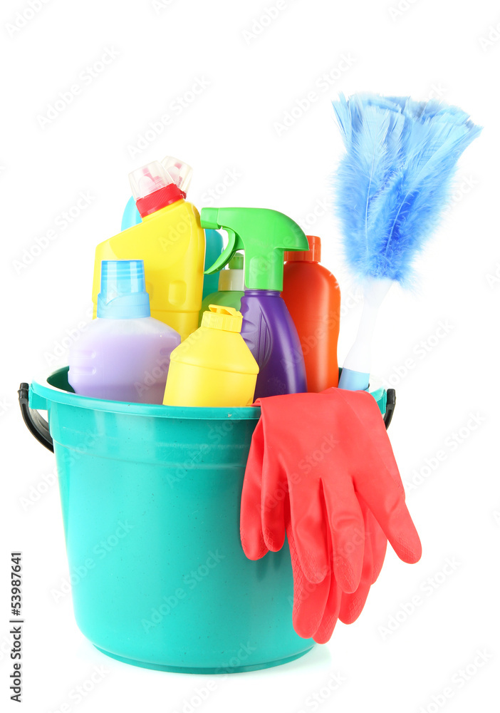 Cleaning items in bucket isolated on white Cleaning items in bucket isolated on white
