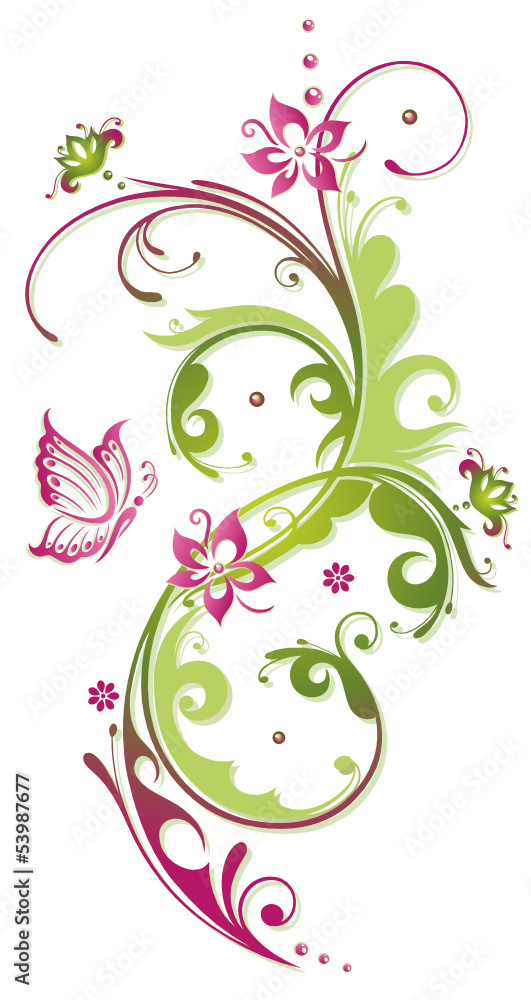 Ranke, Blumen, Blüten, Schmetterling, pink, grün Ranke, Blumen, Blüten, Schmetterling, pink, grün