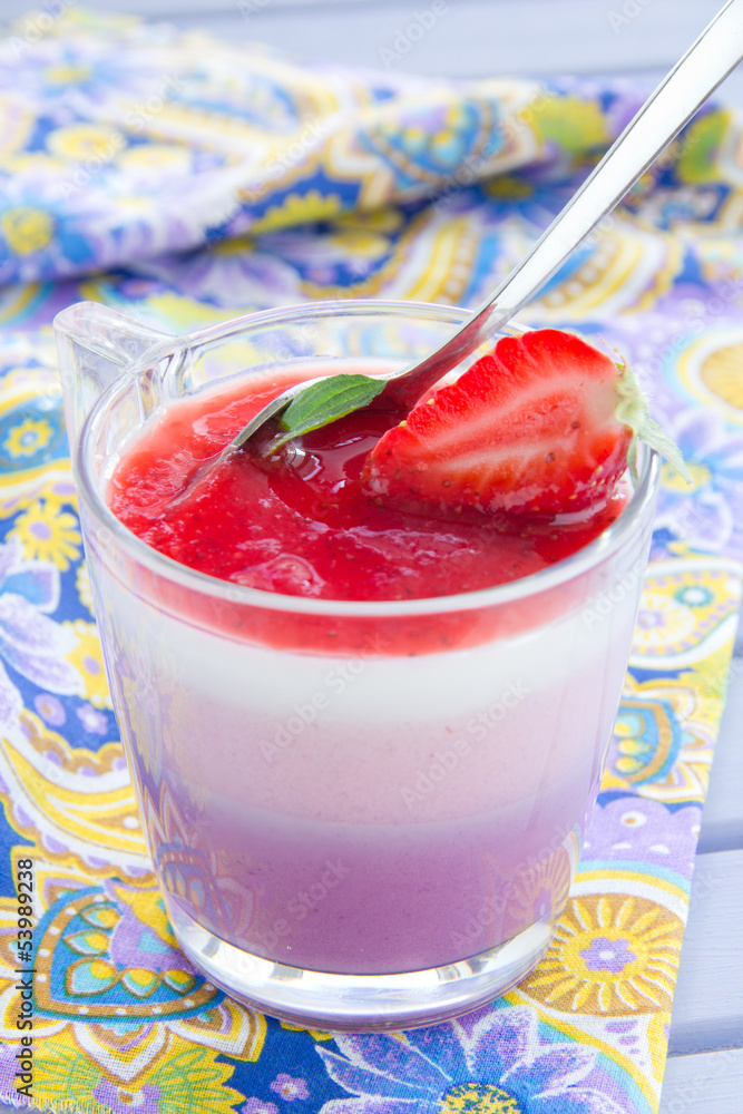 Panna cotta with strawberries and blueberries. Panna cotta with strawberries and blueberries.