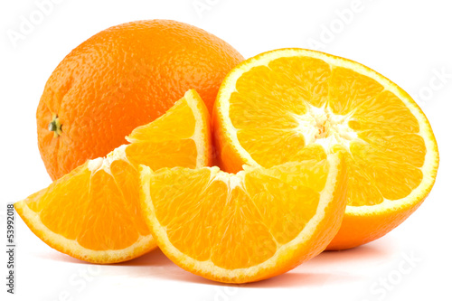 Cut orange fruit isolated on white background