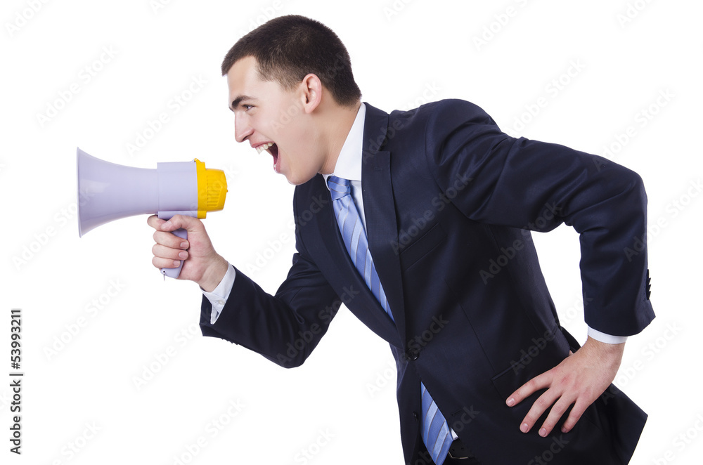 Man with loudspeaker isolated on white Man with loudspeaker isolated on white